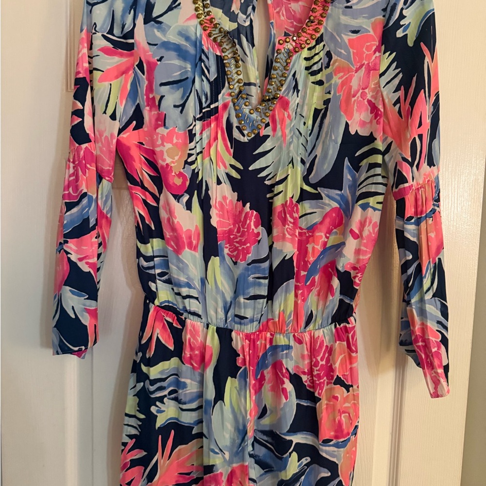 Lilly Pulitzer Pink and Blue romper with Gold Accents